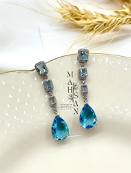 گوشواره زنانه جواهری ژوپینگ یاقوت آبی مدل جدید طرح برلیان