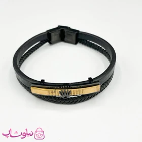 دستبند مردانه چرم و استیل مدل رولکس طلایی مشکی