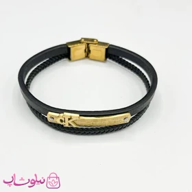 دستبند مردانه طرح سی کی CK چرم مشکی طلایی