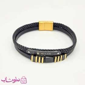 دستبند مردانه چرم استیل رولکس مشکی طلایی
