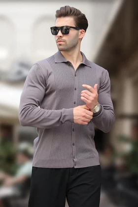 پلیور مردانه یقه راه راه راه راه خاکستری تیره 7281