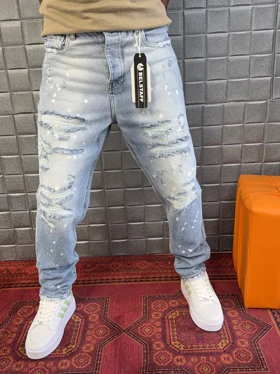 شلوار جین مردانه مام فیت آبی پاره دیزاینر BELSTAFF زاپ‌دار 011