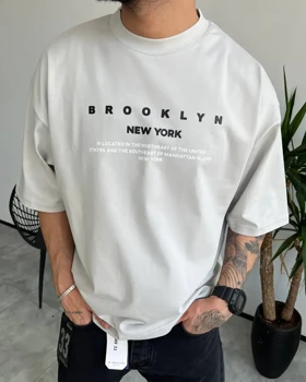 تیشرت باکسی BROOKLYN پارچه دولا گرم دار رنگ استخوانی