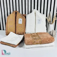 حوله ست دو نفره ژاکارد رنگ شیری و شکلاتی