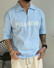 تیشرت یقه دار PULL&BEAR رنگ آبی اسکای