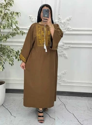 پیراهن لینن گلدوزی آستین کیمونو قهوه ای 6027
