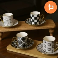 ست قهوه خوری شش نفره طرح دار سیاه و سفید دسته طلایی