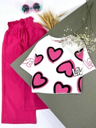 کراپ شلواربگ طرح قلب دخترانه لینن