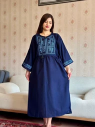 پیراهن لینن گلدوزی آستین کیمونو سرمه ای 6024