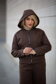 سویشرت زنانه کلاهدار استردار (قهوه ای)