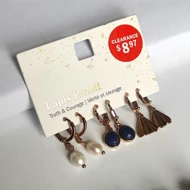 ست 3 جفتی گوشواره حلقه‌ای زنانه با سنگ طبیعی لاجورد، مروارید و آویز بادبزنی – آبکاری رزگلد