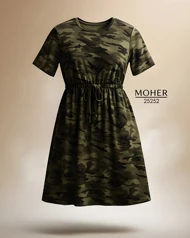 پیراهن کمر کشی سایز بزرگ زنانه طرح ارتشی سبز