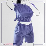 ست کراپ شرتک پنبه سوپر لاکرا گره‌ای رنگ آبی