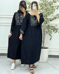 پیراهن لینن گلدوزی آستین کیمونو مشکی 6023
