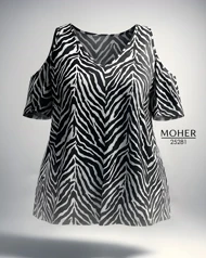 تیشرت سرشانه‌باز زنانه سایز بزرگ طرح زبرا مشکی سفید