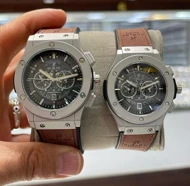 ست ساعت مردانه و زنانه هابلوت بند قهوه ای قاب نقره ای