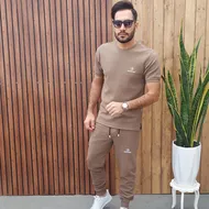 ست تیشرت شلوار آستین کش پنبه بیسکویتی رنگ نسکافه ای