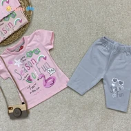 تیشرت شلوارک دخترانه پنبه طرح فلامینگو 1 تا 3 سال