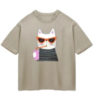 تیشرت باکسی پپا طرح KittyCat رنگ خاکی
