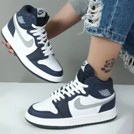 کتانی ساق‌دار زنانه مردانه ست مدل جردن ایر وان jordan air رنگ سرمه ای کد 54462