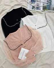 پلیور بافت استین کار شده نما دکمه کد 5502