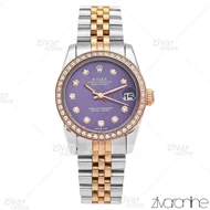 ساعت رولکس دیت جاست زنانه رزگلد نقره ای صفحه بنفش دور نگین 106303