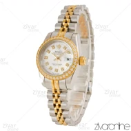 ساعت رولکس دیت جاست زنانه دورنگ طلایی صفحه سیلور دور نگین اسمال 105653