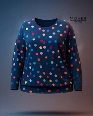 بلوز سایز بزرگ آبی سورمه‌ای با طرح خال‌خالی رنگی