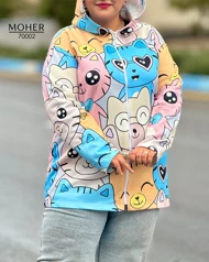 هودی کرک‌دار زنانه سایز بزرگ طرح گربه های ملوس