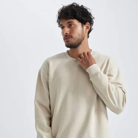 سویشرت یقه گرد رنگ کرم OverSize - Defacto