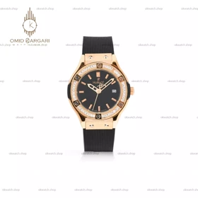 ساعت مچی اوبلو بند مشکی قاب رزگلد فول نگین Hublot Classic Fusion