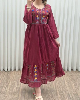 پیراهن گلدوزی هندی بلند SH7581 (زرشکی)