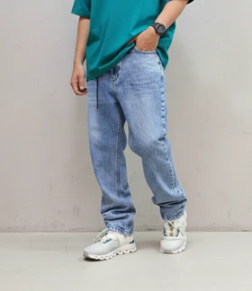 شلوار جین نیم بگ آبی پارچه ترک