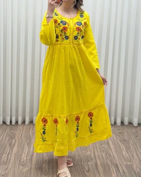 پیراهن گلدوزی هندی بلند SH7581 (زرد)
