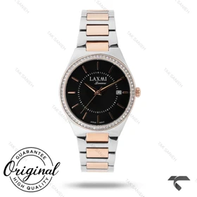 ساعت لاکسمی زنانه دورنگ رزگلد 8135-3 صفحه مشکی دورنگین Laxmi-9166-L