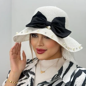 کلاه ساحلی مرواریدی پاپیون مشکی