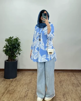 تونیک مانتویی جلو بسته پری طرح برگ کد 3059