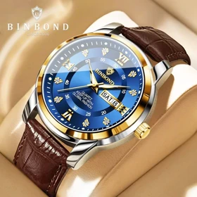 ساعت مچی مردانه بین باند BINBOND اورجینال دوتقویم بند چرم ضداب دارای رنگ بندی شیک