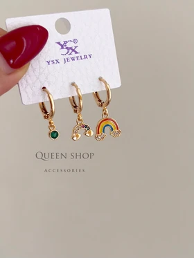 گوشواره YSX پکی رنگین کمان نگین سبز