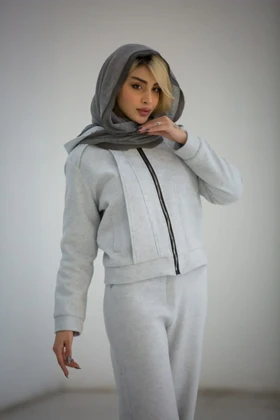 سویشرت زنانه کلاهدار استردار (طوسی)