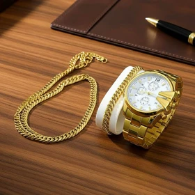 ست ساعت مچی مردانه طلایی صفحه سفید مدل U700 + دستبند و گردنبند کارتیه رنگ طلایی