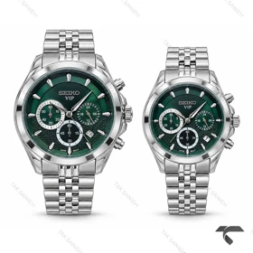 ست ساعت سیکو VIP سه موتوره کرنوگراف سیلور صفحه سبز بند جوبیلی Seiko-11457-S