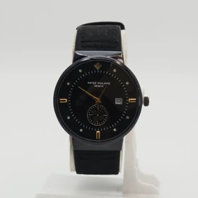 ساعت مچی زنانه پتک فیلیپ Patek Philippe موتور کوارتز باکیفیت و طراحی زیبا (بند مشکی صفحه مشکی قاب مشکی ایندکس های طلایی)