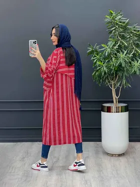 مانتو راه راه بلند آستین سگک