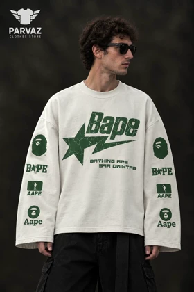 دورس لانگ اسلیو سه نخ تمام پنبه داخل کرک مدل BAPE _ سفید