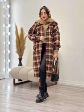 پالتو بلند چهارخونه سر جیب دکمه