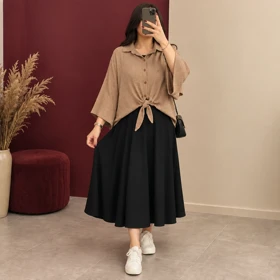 ست شومیز گرهای و سارافون نیلا کد 6057