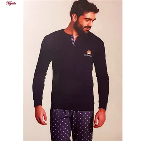 ست تیشرت آستین بلند و شلوار مردانه مدل نخ پنبه رنگ سرمه ای لین کد 5197-499