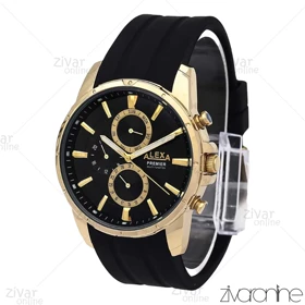 ساعت الکسا پریمیر A0102 مردانه سه موتوره قاب طلایی بند رابر مشکی 106210