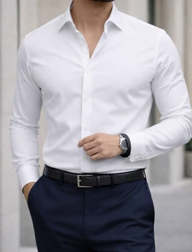 پیراهن سفید آستین بلند مردانه پارچه غواصی دوشین کش اعلا درجه یک